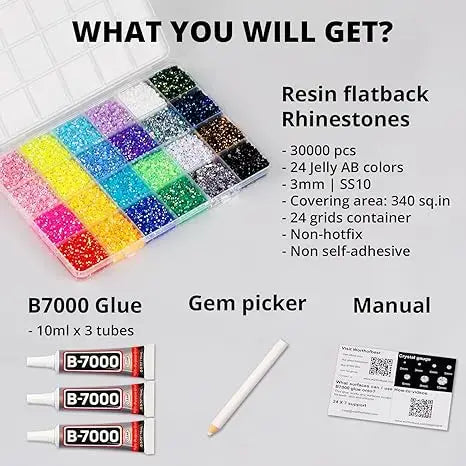 Jelly Rhinestones 30,000pc – 3mm Gems with B7000 Glue & Tweezers